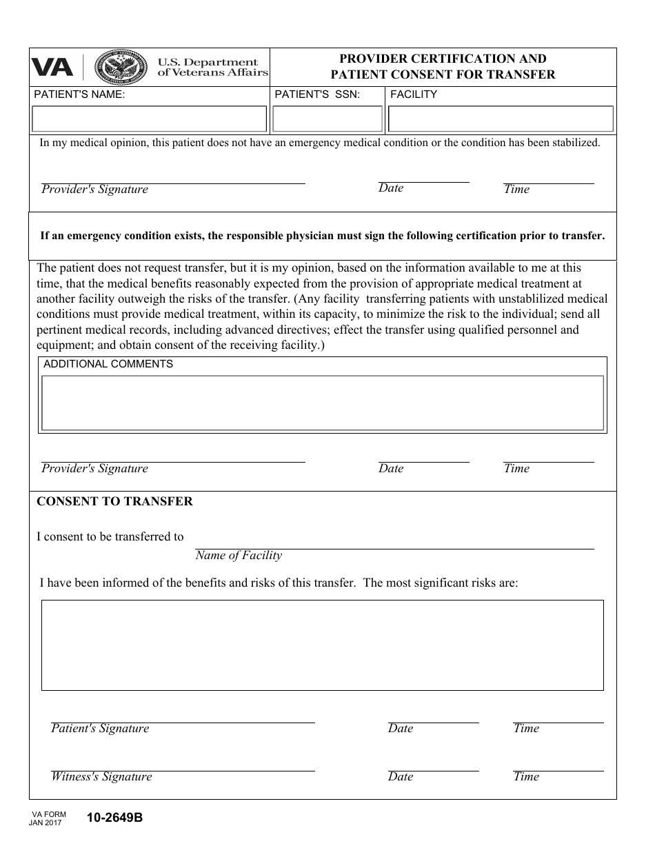 VA Form 10-2649B Provider Certification and Patient Consent for Transfer, Page 1