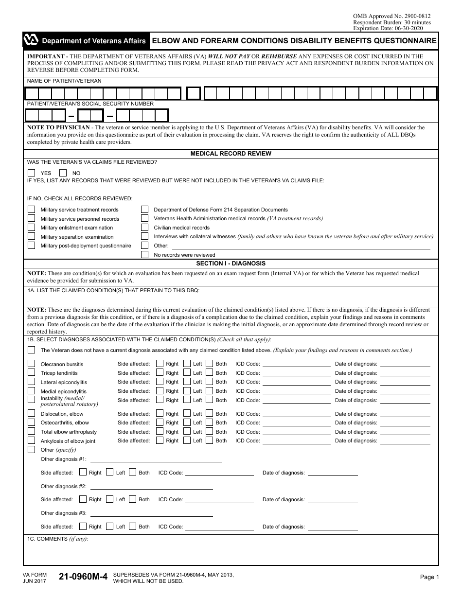 VA Form 21-0960M-4 Elbow and Forearm Conditions Disability Benefits Questionnaire, Page 1