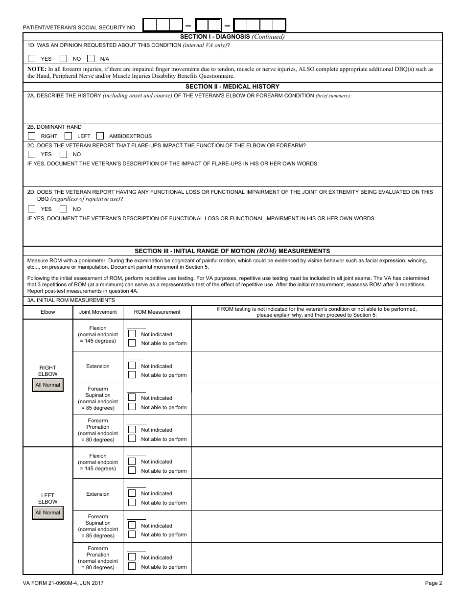 VA Form 21-0960M-4 Elbow and Forearm Conditions Disability Benefits Questionnaire, Page 2