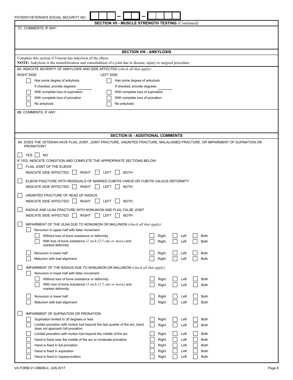 VA Form 21-0960M-4 Elbow and Forearm Conditions Disability Benefits Questionnaire, Page 6