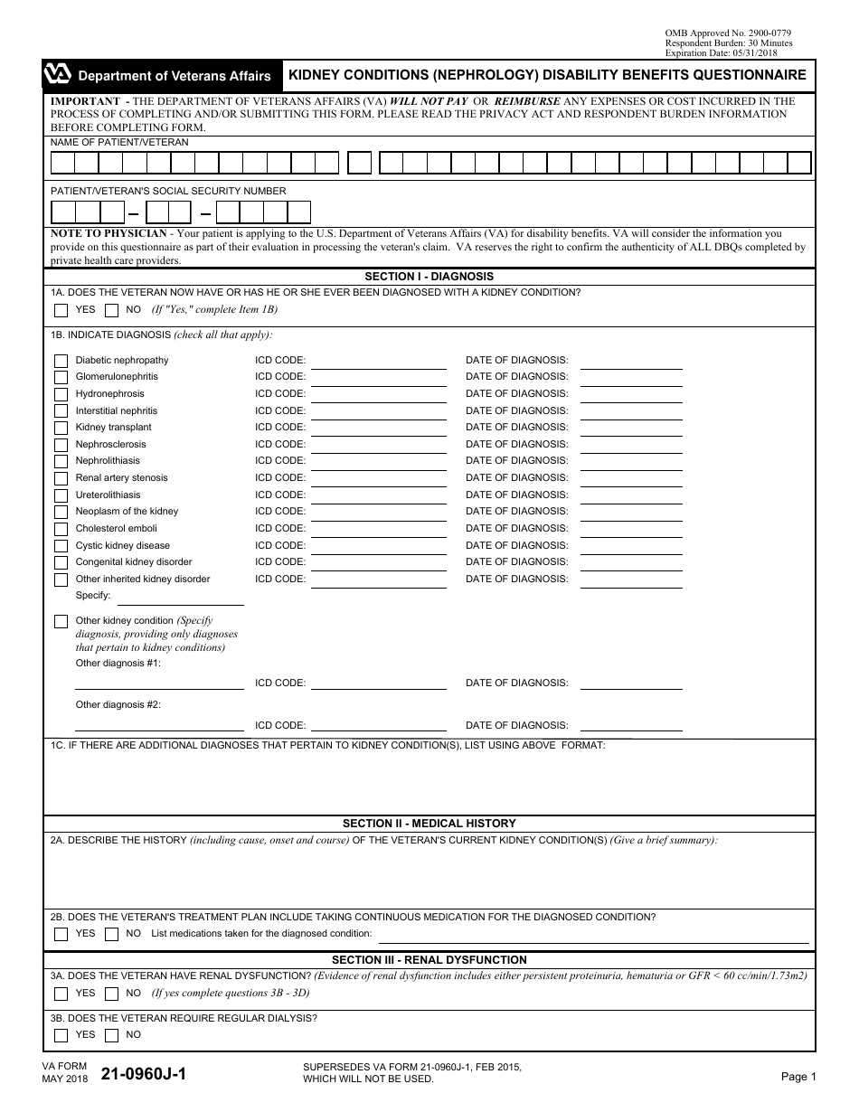 VA Form 21-0960J-1 Kidney Conditions (Nephrology) Disability Benefits Questionnaire, Page 1