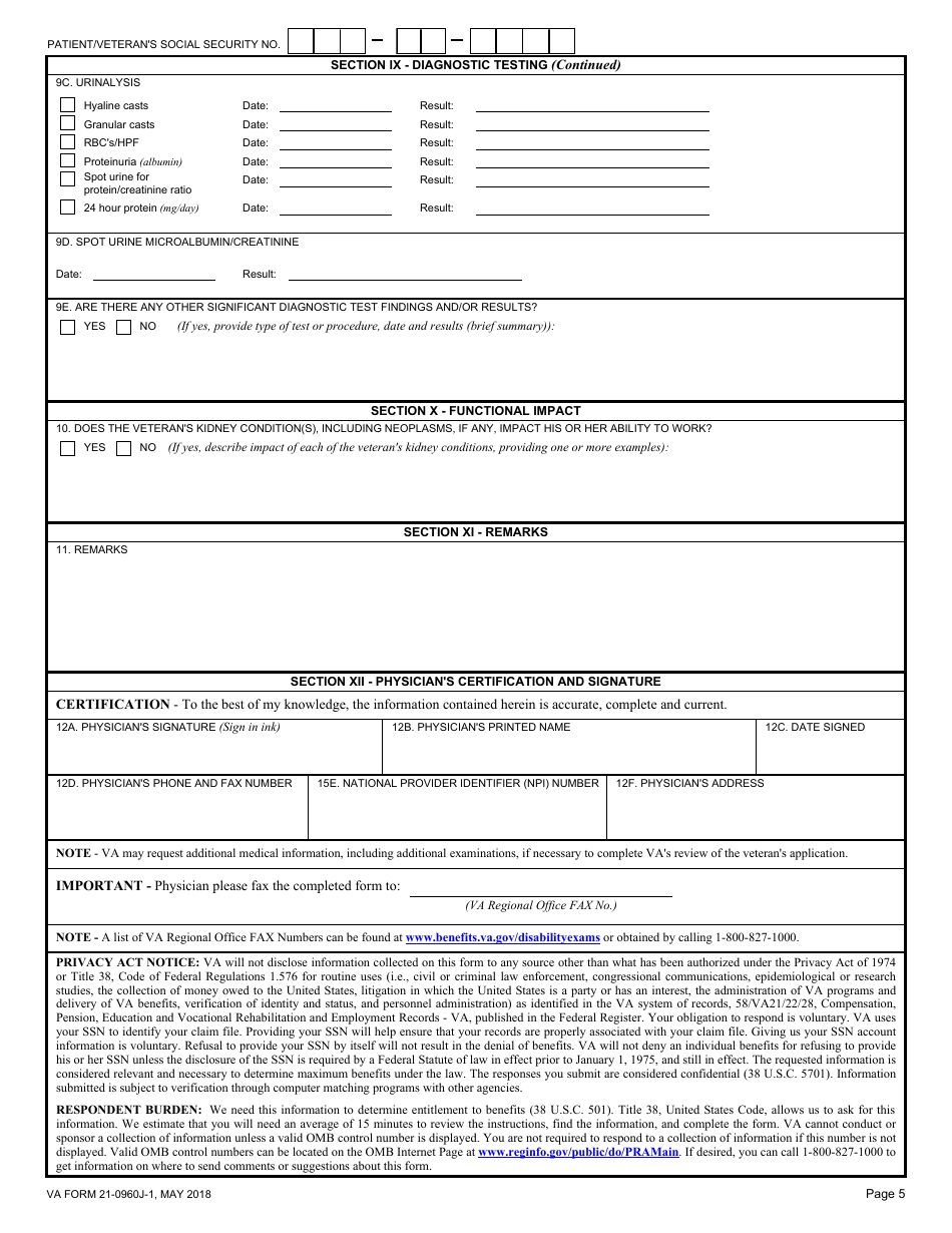 VA Form 21-0960J-1 Kidney Conditions (Nephrology) Disability Benefits Questionnaire, Page 5