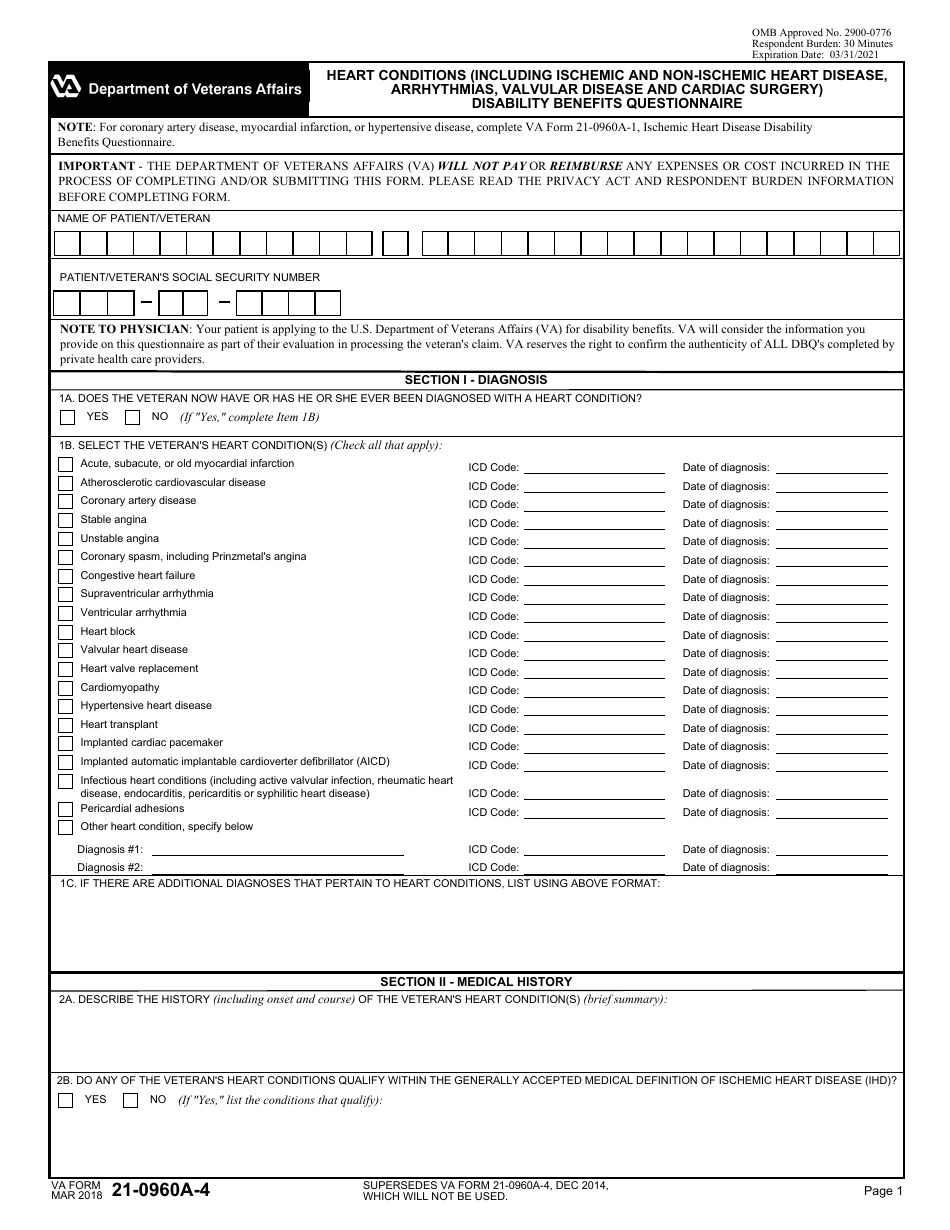 VA Form 21-0960A-4 Heart Conditions (Including Ischemic and Non-ischemic Heart Disease, Arrhythmias, Valvular Disease and Cardiac Surgery) Disability Benefits Questionnaire, Page 1