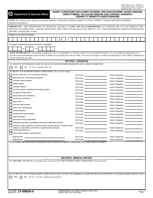 VA Form 21-0960A-4 Heart Conditions (Including Ischemic and Non-ischemic Heart Disease, Arrhythmias, Valvular Disease and Cardiac Surgery) Disability Benefits Questionnaire