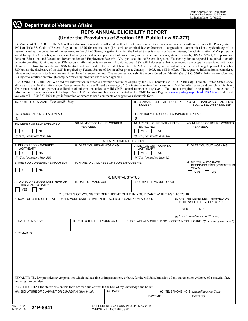 VA Form 21P-8941 Reps Annual Eligibility Report, Page 1