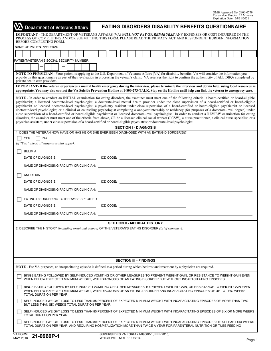 VA Form 21-0960P-1 Eating Disorders Disability Benefits Questionnaire, Page 1