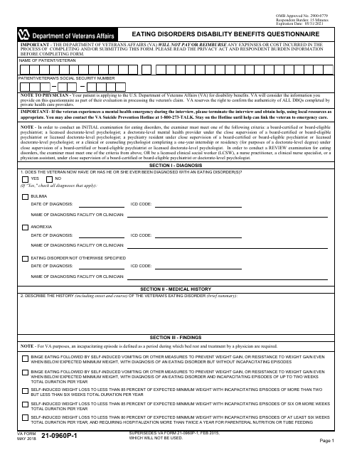 VA Form 21-0960P-1 Eating Disorders Disability Benefits Questionnaire