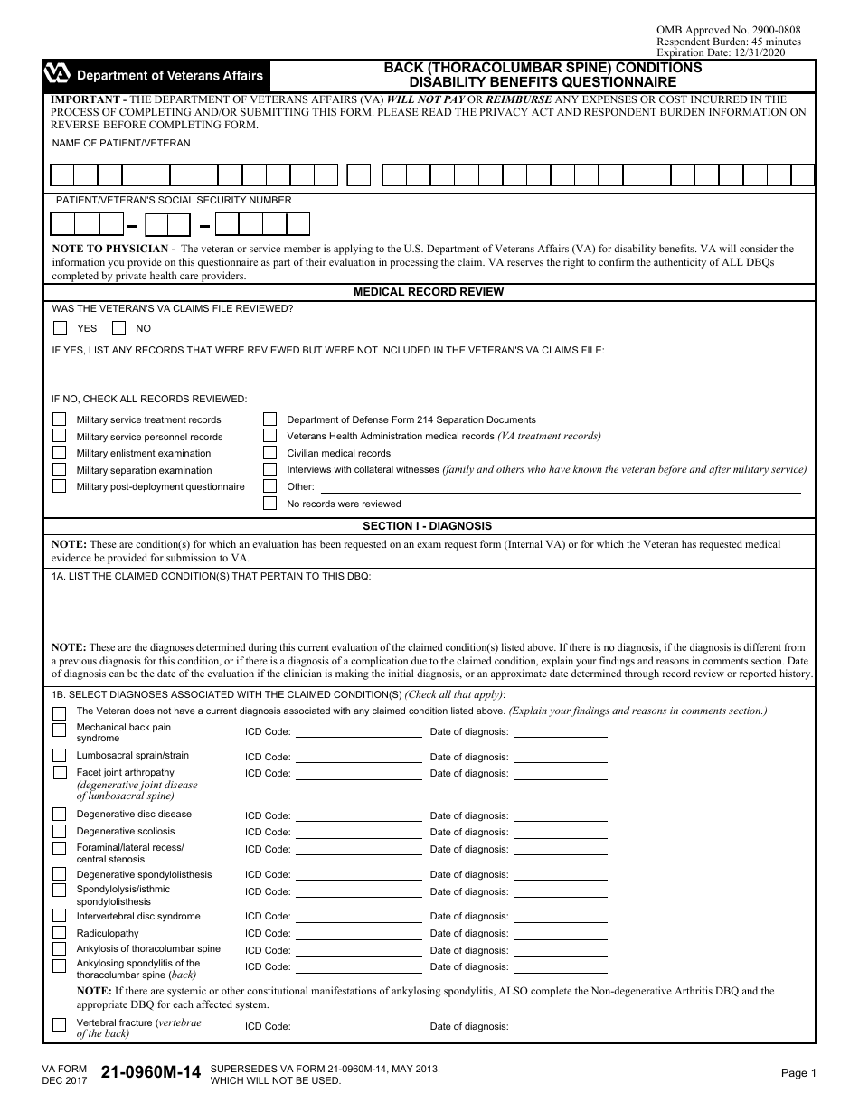VA Form 21-0960M-14 Back (Thoracolumbar Spine) Conditions Disability Benefits Questionnaire, Page 1