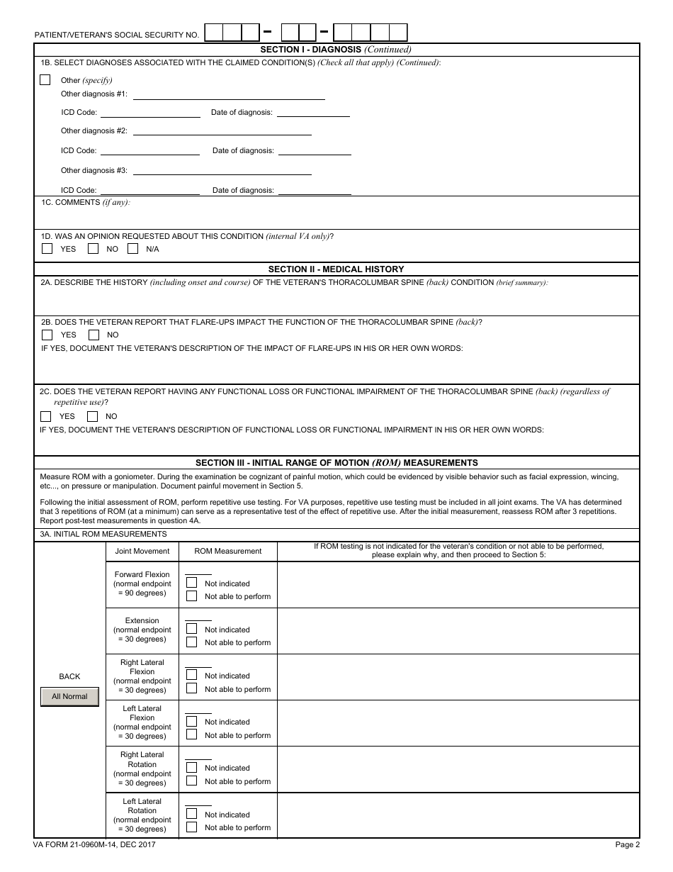 VA Form 21-0960M-14 Back (Thoracolumbar Spine) Conditions Disability Benefits Questionnaire, Page 2