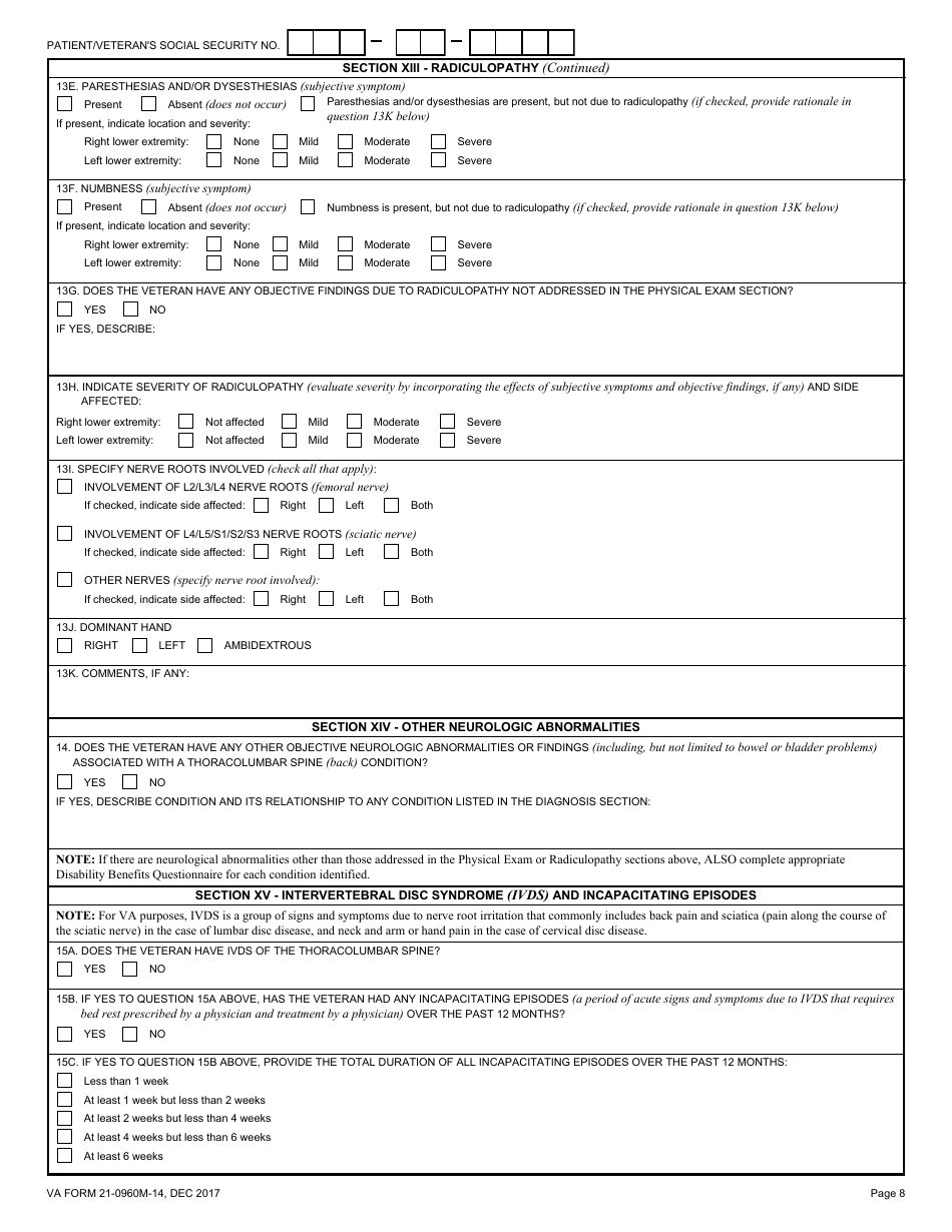 VA Form 21-0960M-14 Back (Thoracolumbar Spine) Conditions Disability Benefits Questionnaire, Page 8