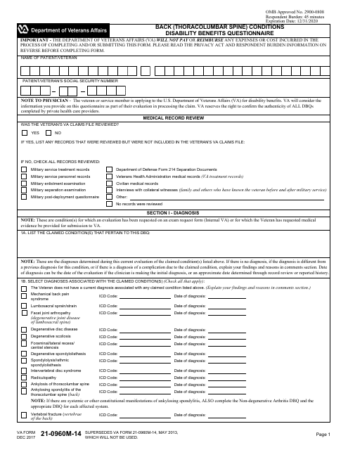 VA Form 21-0960M-14 Back (Thoracolumbar Spine) Conditions Disability Benefits Questionnaire