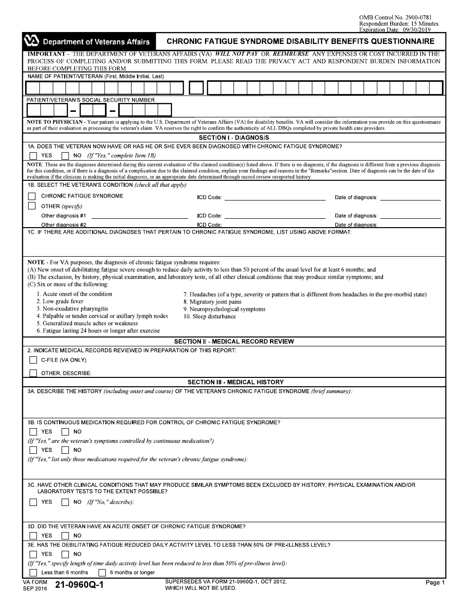 VA Form 21-0960Q-1 Chronic Fatigue Syndrome Disability Benefits Questionnaire, Page 1