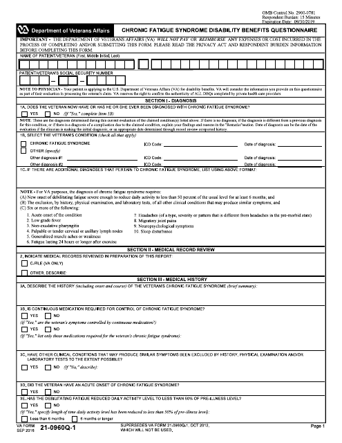 VA Form 21-0960Q-1 Chronic Fatigue Syndrome Disability Benefits Questionnaire