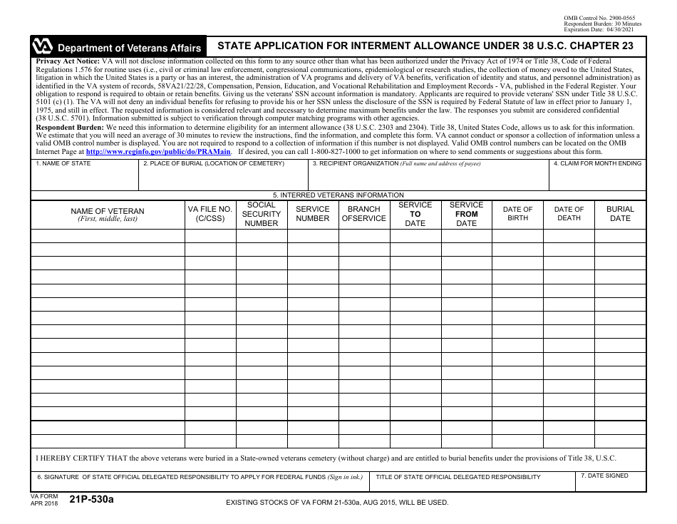 VA Form 21P-530A State Application for Interment Allowance Under 38 U.s.c. Chapter 23, Page 1
