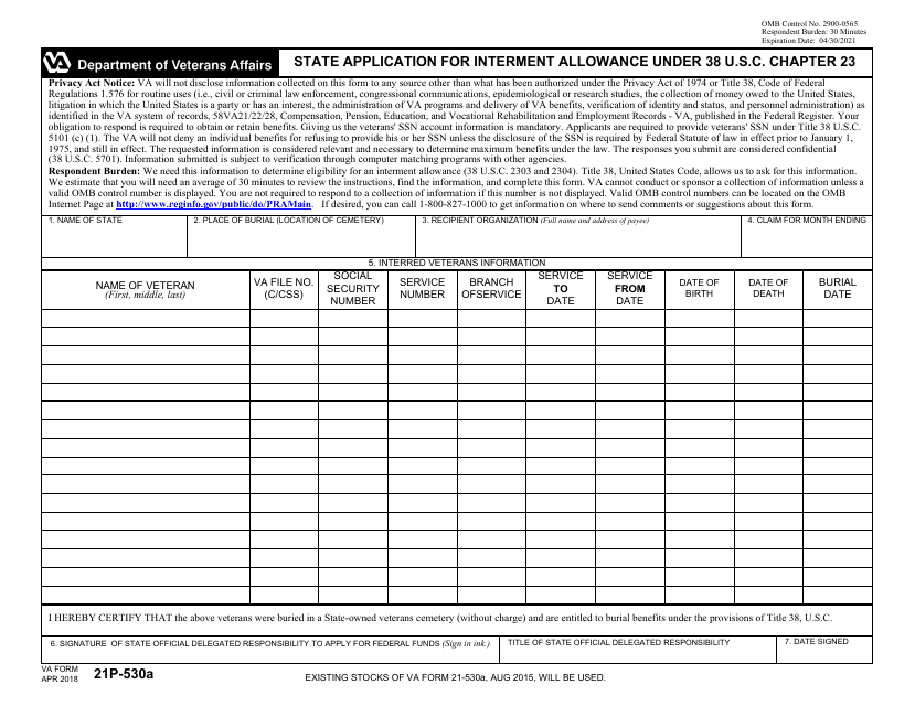 VA Form 21P-530A  Printable Pdf