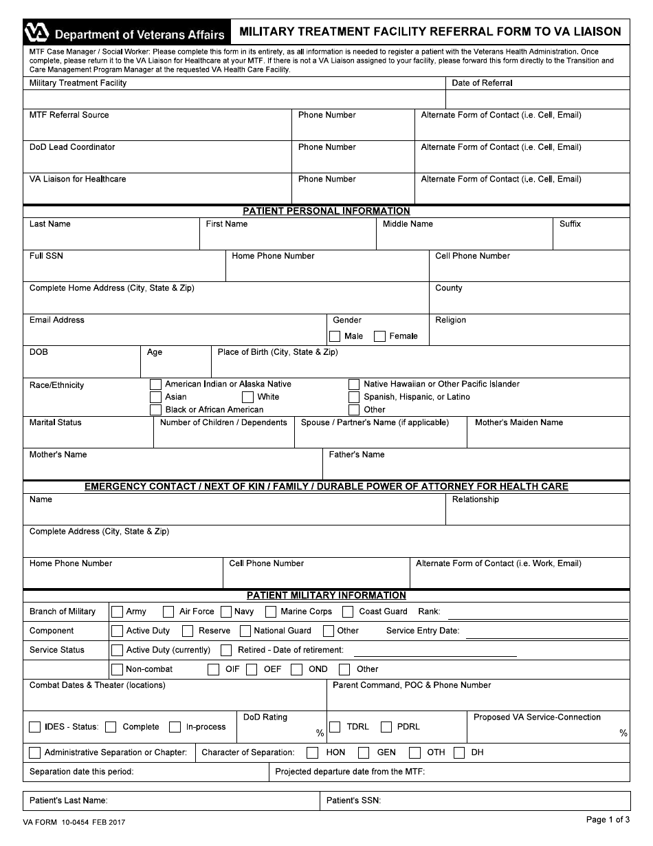 VA Form 10-0454 Military Treatment Facility Referral Form to VA Liaison, Page 1