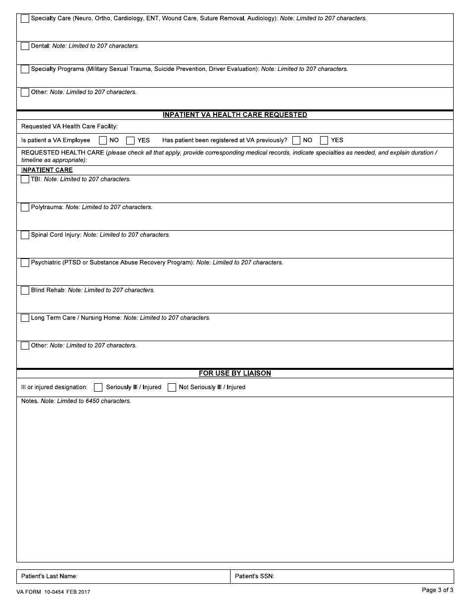 VA Form 10-0454 Military Treatment Facility Referral Form to VA Liaison, Page 3