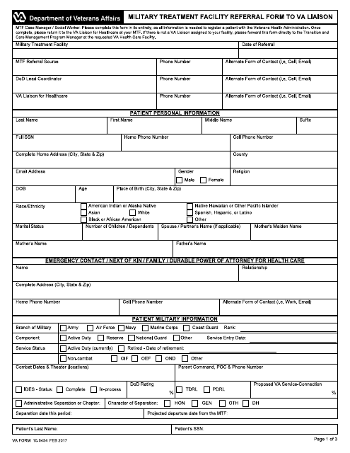 VA Form 10-0454  Printable Pdf