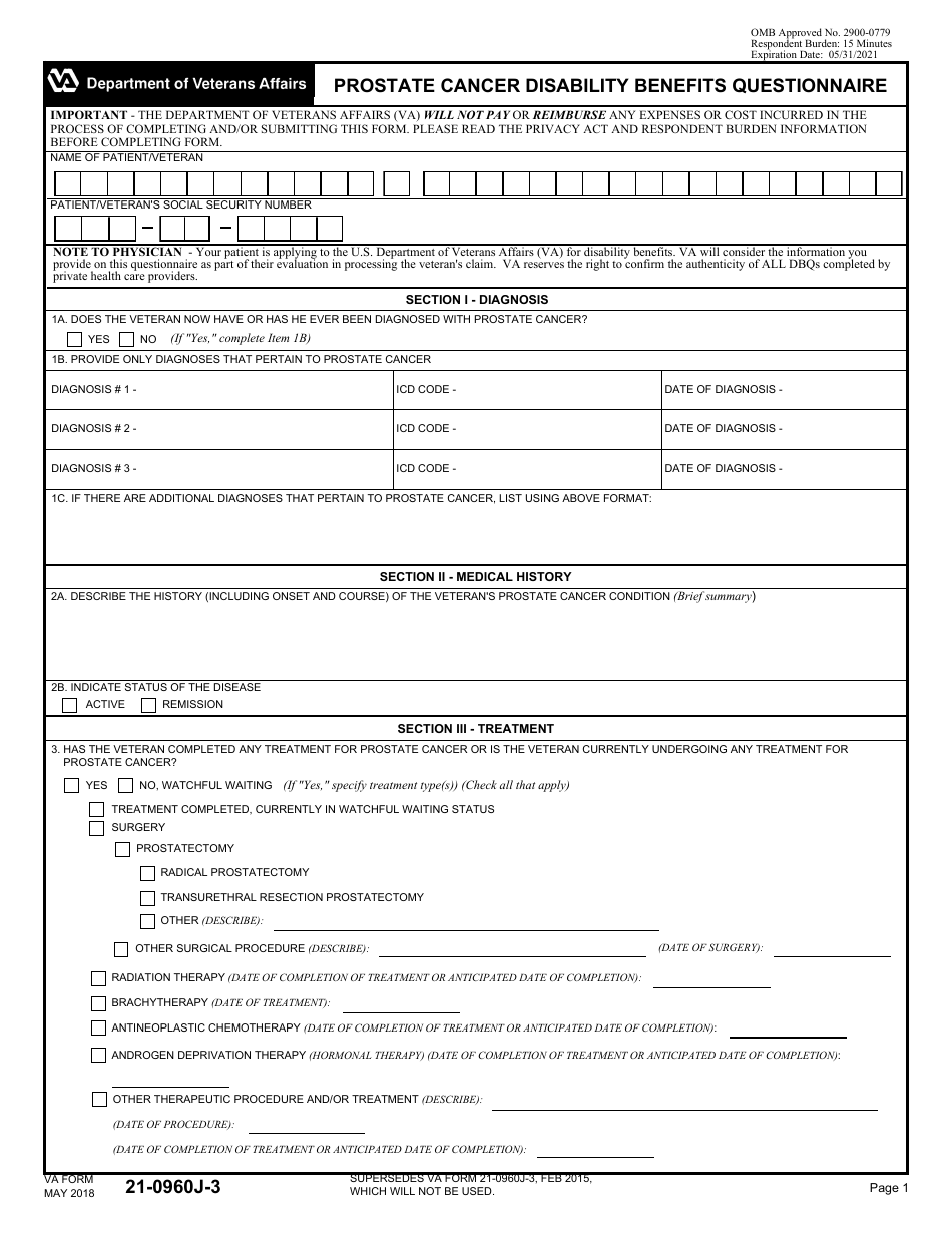 VA Form 21-0960J-3 Prostate Cancer Disability Benefits Questionnaire, Page 1
