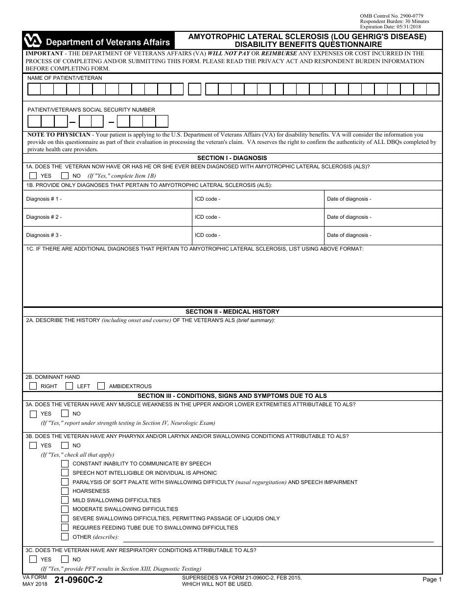 VA Form 21-0960C-2 Amyotrophic Lateral Sclerosis (Lou Gehrigs Disease) Disability Benefits Questionnaire, Page 1