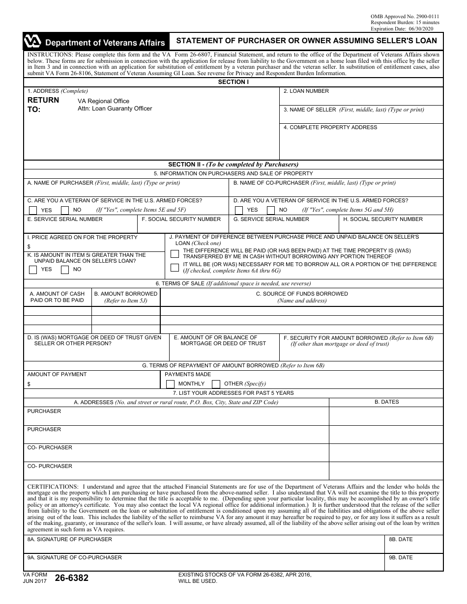 VA Form 26-6382 Statement of Purchaser or Owner Assuming Sellers Loan, Page 1