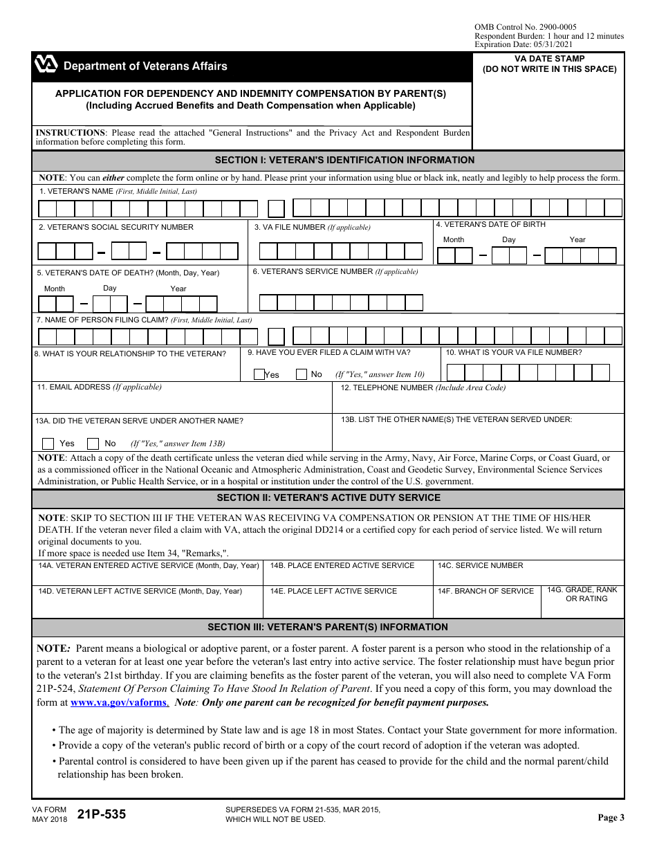 VA Form 21P-535 Application for Dependency and Indemnity Compensation by Parent(S), Page 3