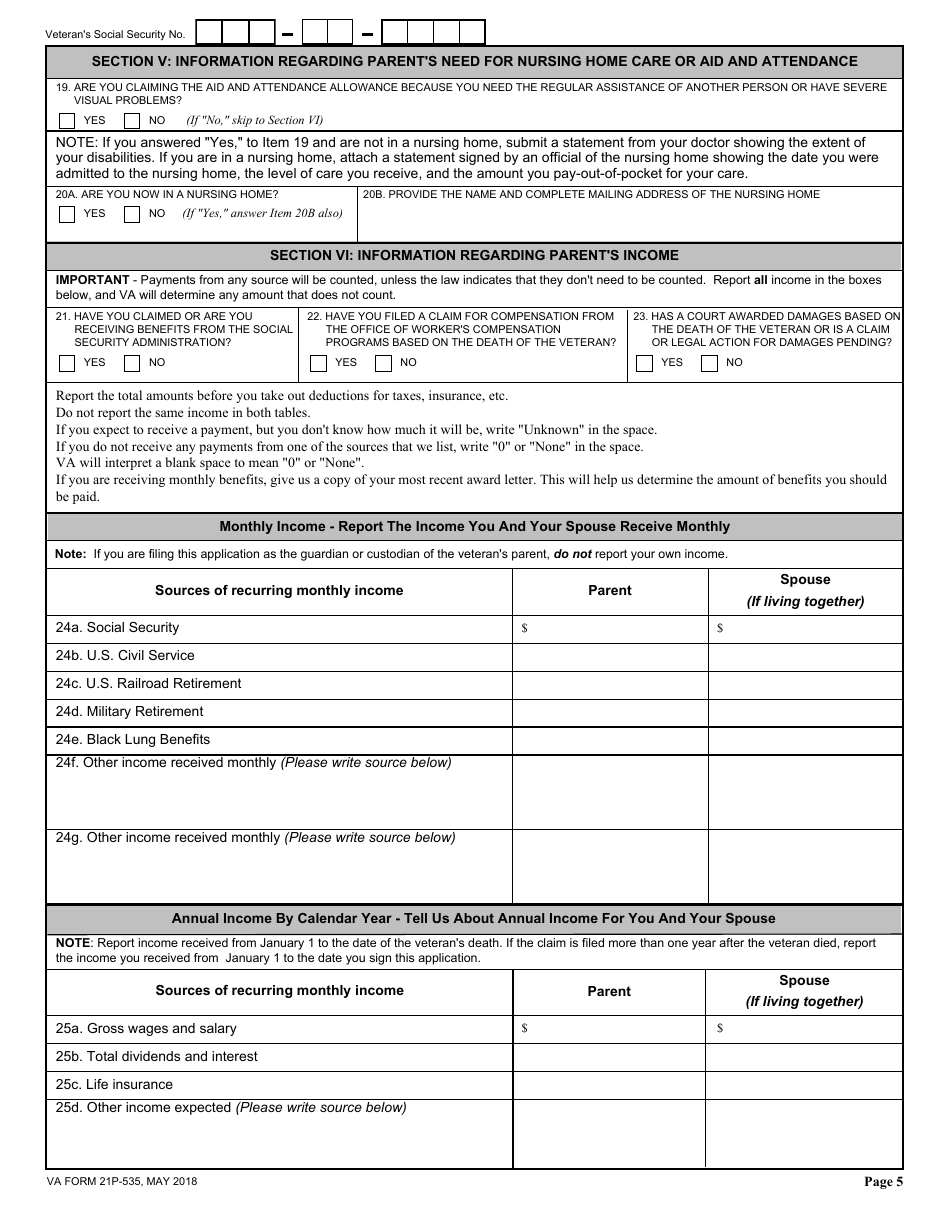 VA Form 21P-535 Application for Dependency and Indemnity Compensation by Parent(S), Page 5