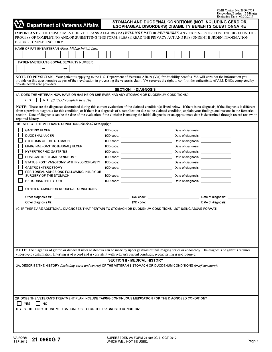 VA Form 21-0960G-7 Stomach and Duodenal Conditions (Not Including GERD or Esophageal Disorders) Disability Benefits Questionnaire, Page 1