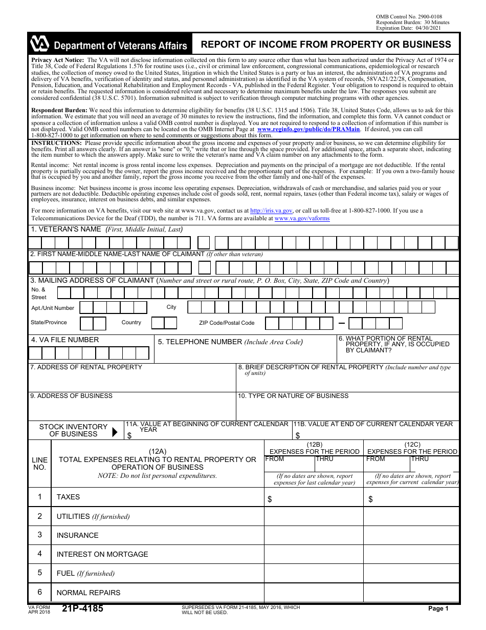 VA Form 21P-4185 Report of Income From Property or Business, Page 1