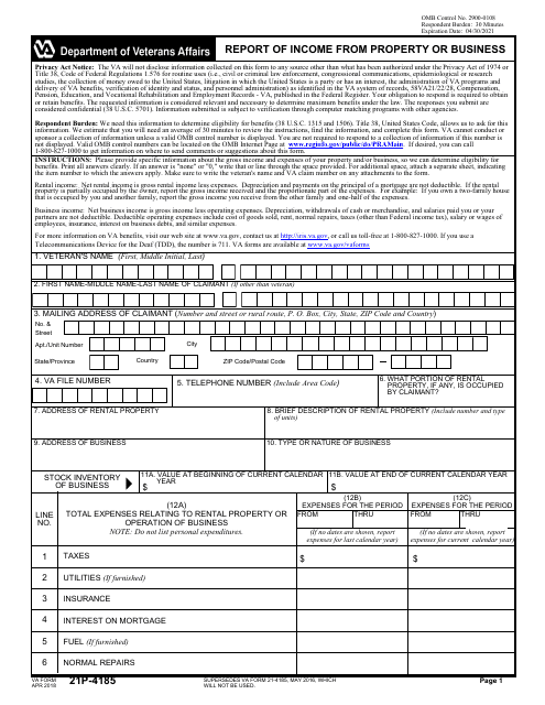 VA Form 21P-4185 Report of Income From Property or Business