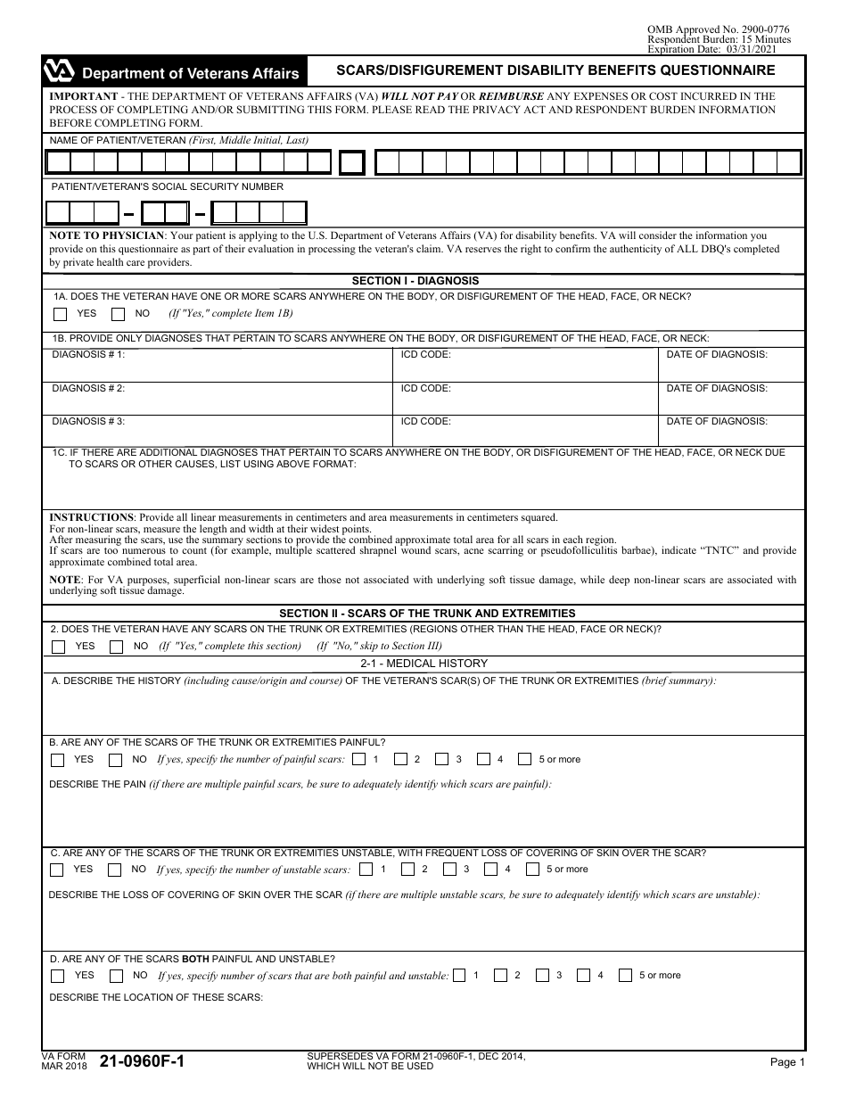 VA Form 21-0960F-1 Scars / Disfigurement Disability Benefits Questionnaire, Page 1