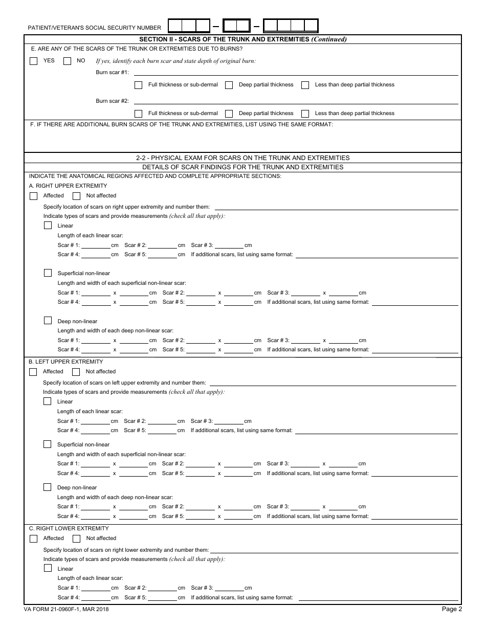 VA Form 21-0960F-1 Scars / Disfigurement Disability Benefits Questionnaire, Page 2
