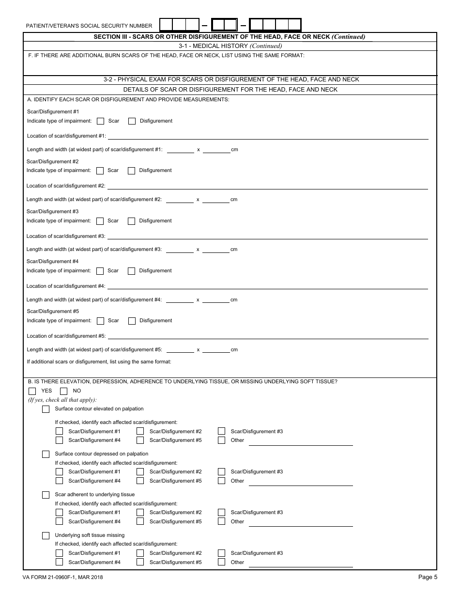 VA Form 21-0960F-1 Scars / Disfigurement Disability Benefits Questionnaire, Page 5