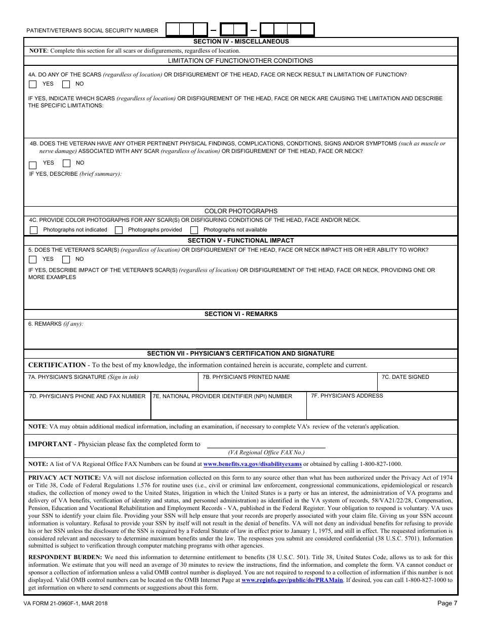 VA Form 21-0960F-1 Scars / Disfigurement Disability Benefits Questionnaire, Page 7