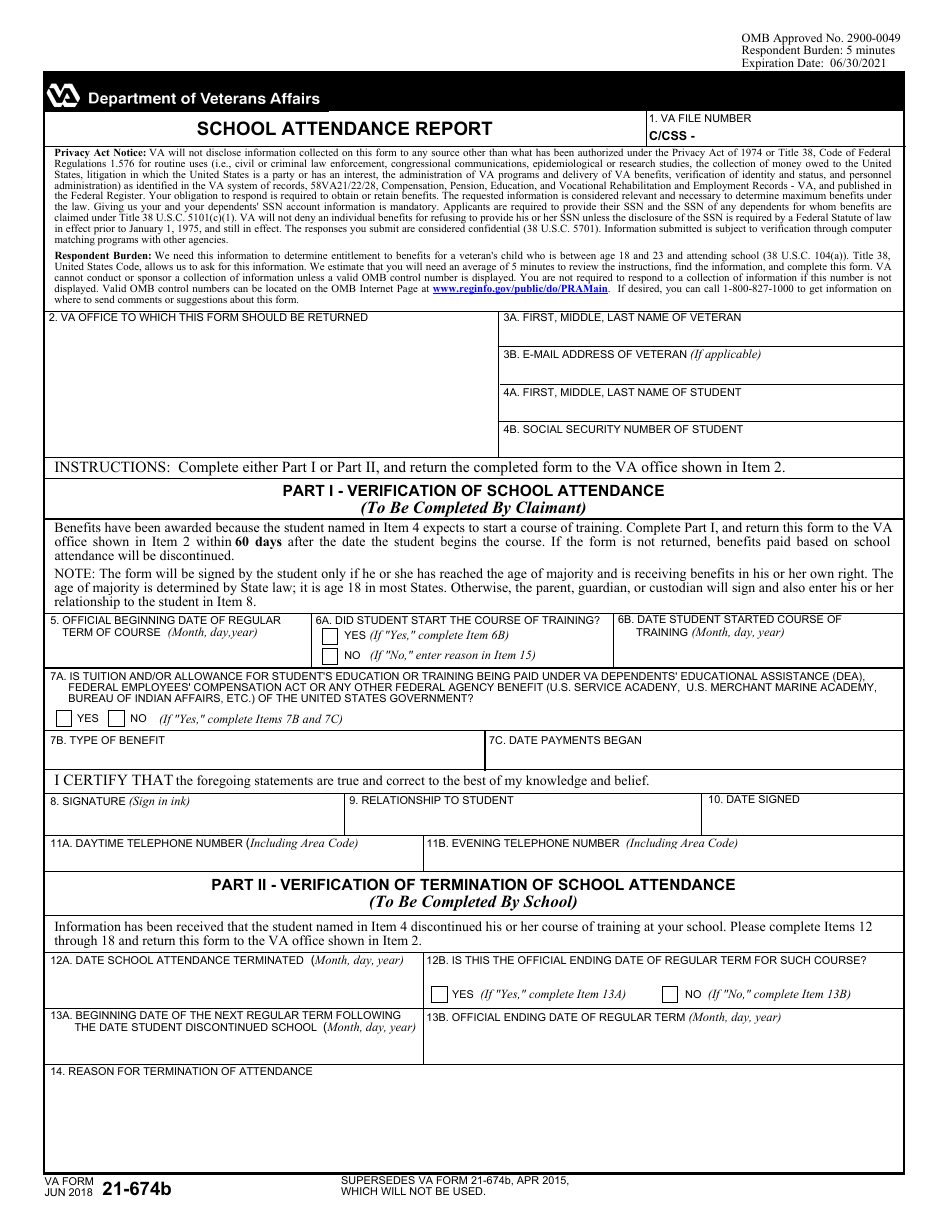 VA Form 21-674B School Attendance Report, Page 1