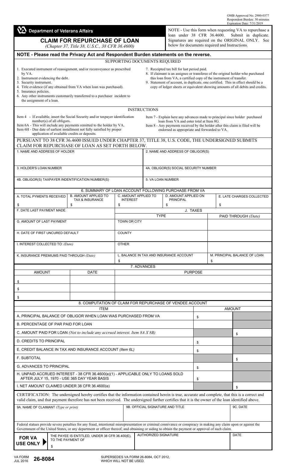 VA Form 26-8084 Claim for Repurchase of Loan, Page 1