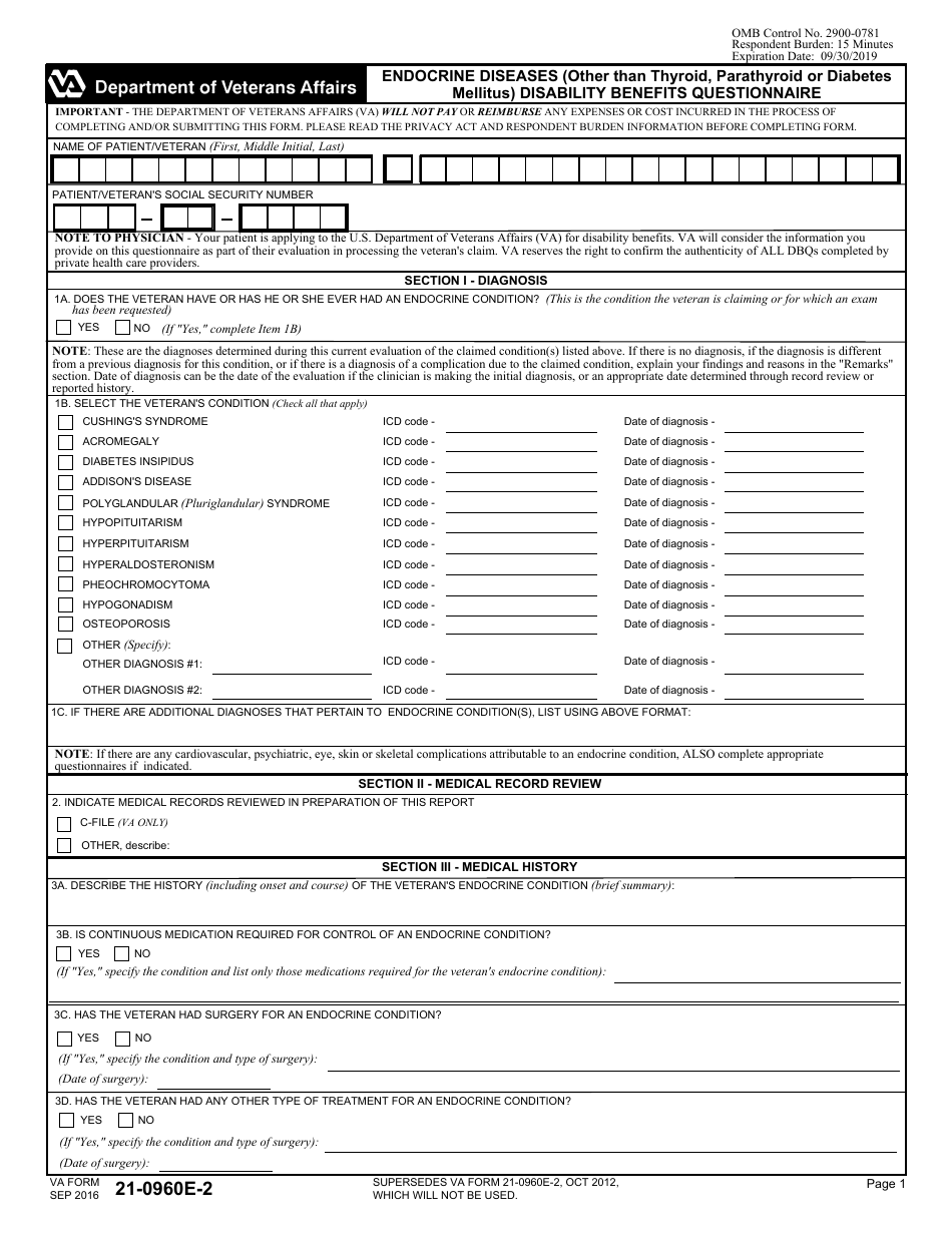 VA Form 21-0960E-2 Endocrine Diseases (Other Than Thyroid, Parathyroid or Diabetes Mellitus) Disability Benefits Questionnaire, Page 1