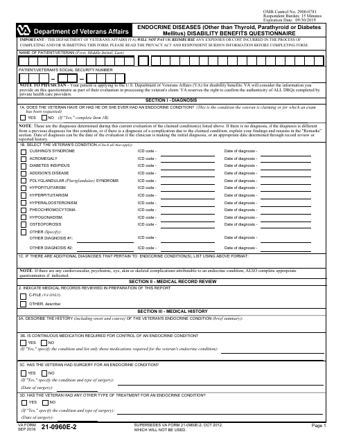 VA Form 21-0960E-2 Endocrine Diseases (Other Than Thyroid, Parathyroid or Diabetes Mellitus) Disability Benefits Questionnaire