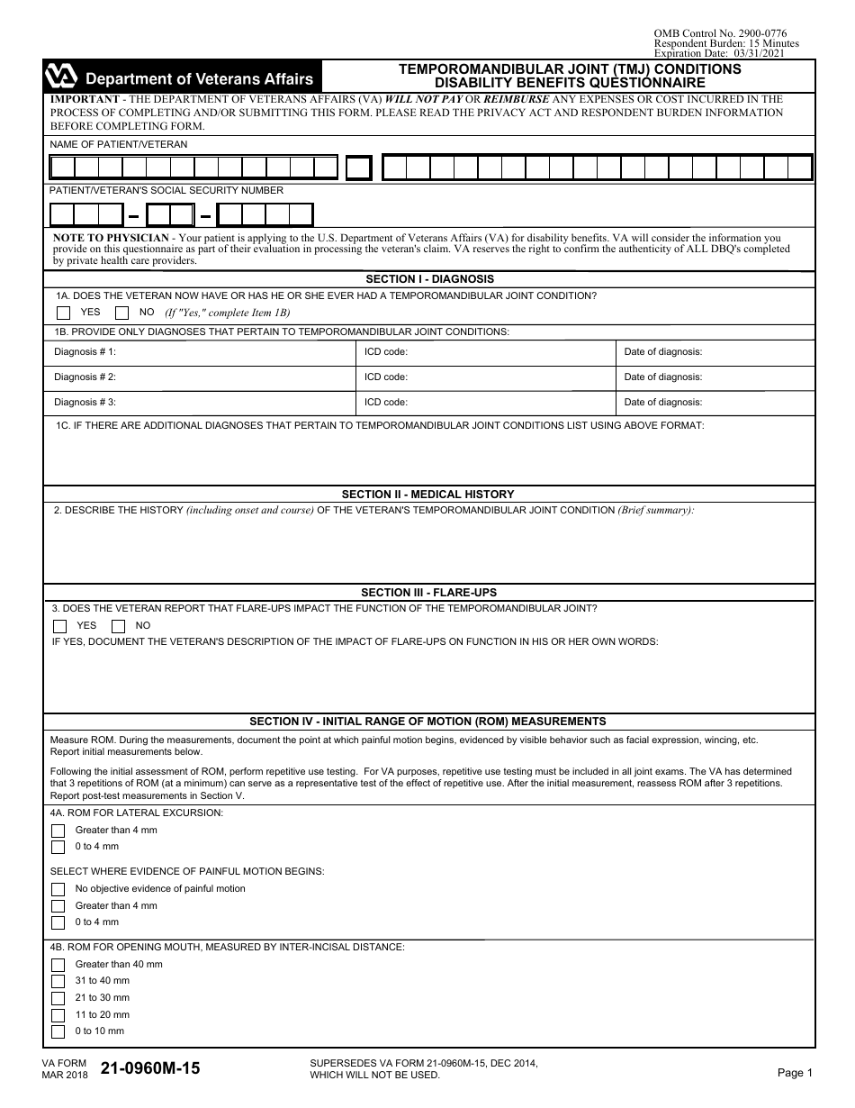 VA Form 21-0960M-15 Temporomandibular Joint (Tmj) Conditions Disability Benefits Questionnaire, Page 1