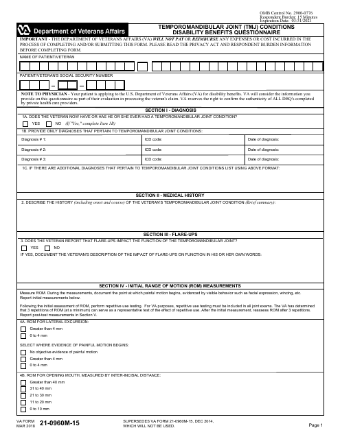 VA Form 21-0960M-15 Temporomandibular Joint (Tmj) Conditions Disability Benefits Questionnaire