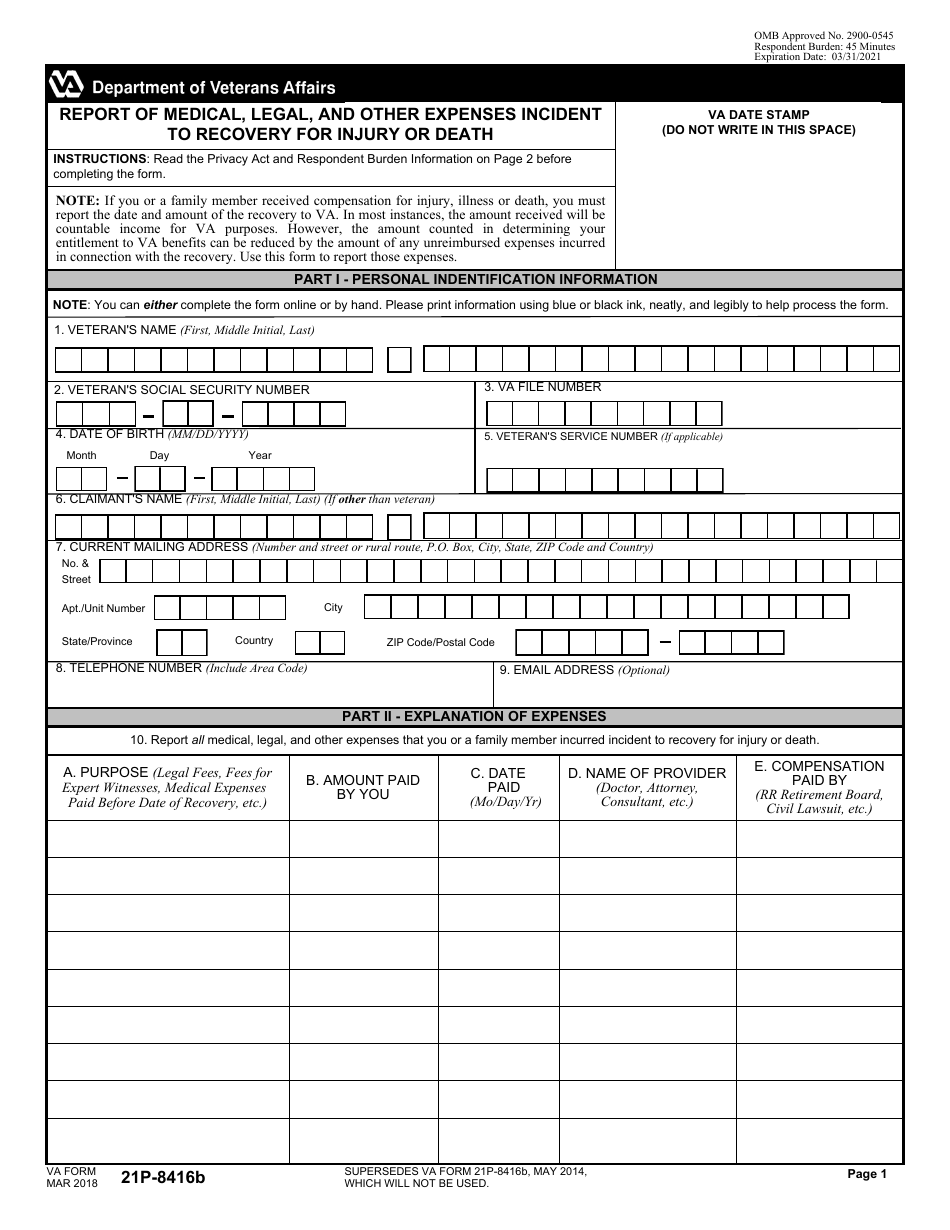 VA Form 21P-8416B Report of Medical, Legal, and Other Expenses Incident to Recovery for Injury or Death, Page 1
