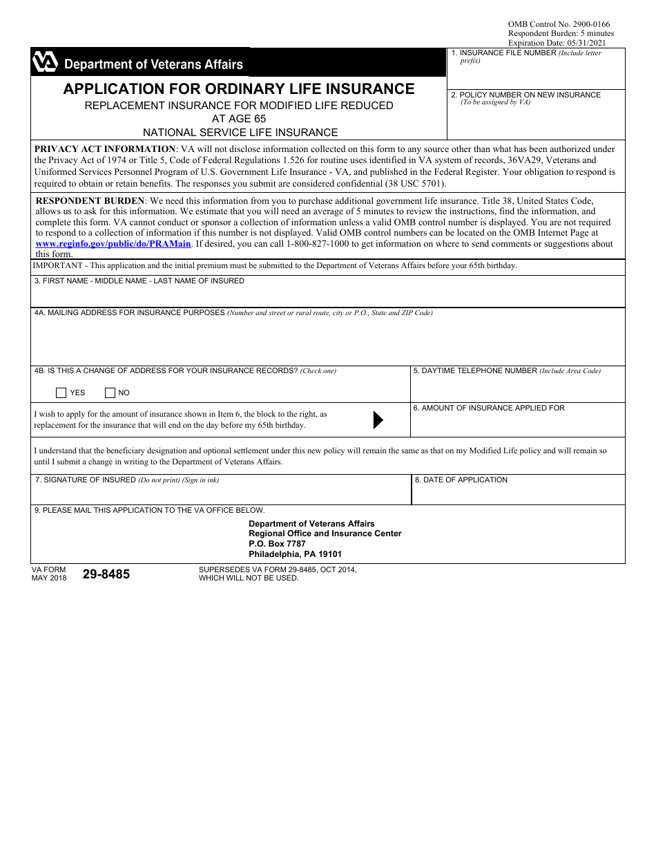 VA Form 29-8485 Application for Ordinary Life Insurance - Replacement Insurance for Modified Life Reduced at Age 65, Page 1