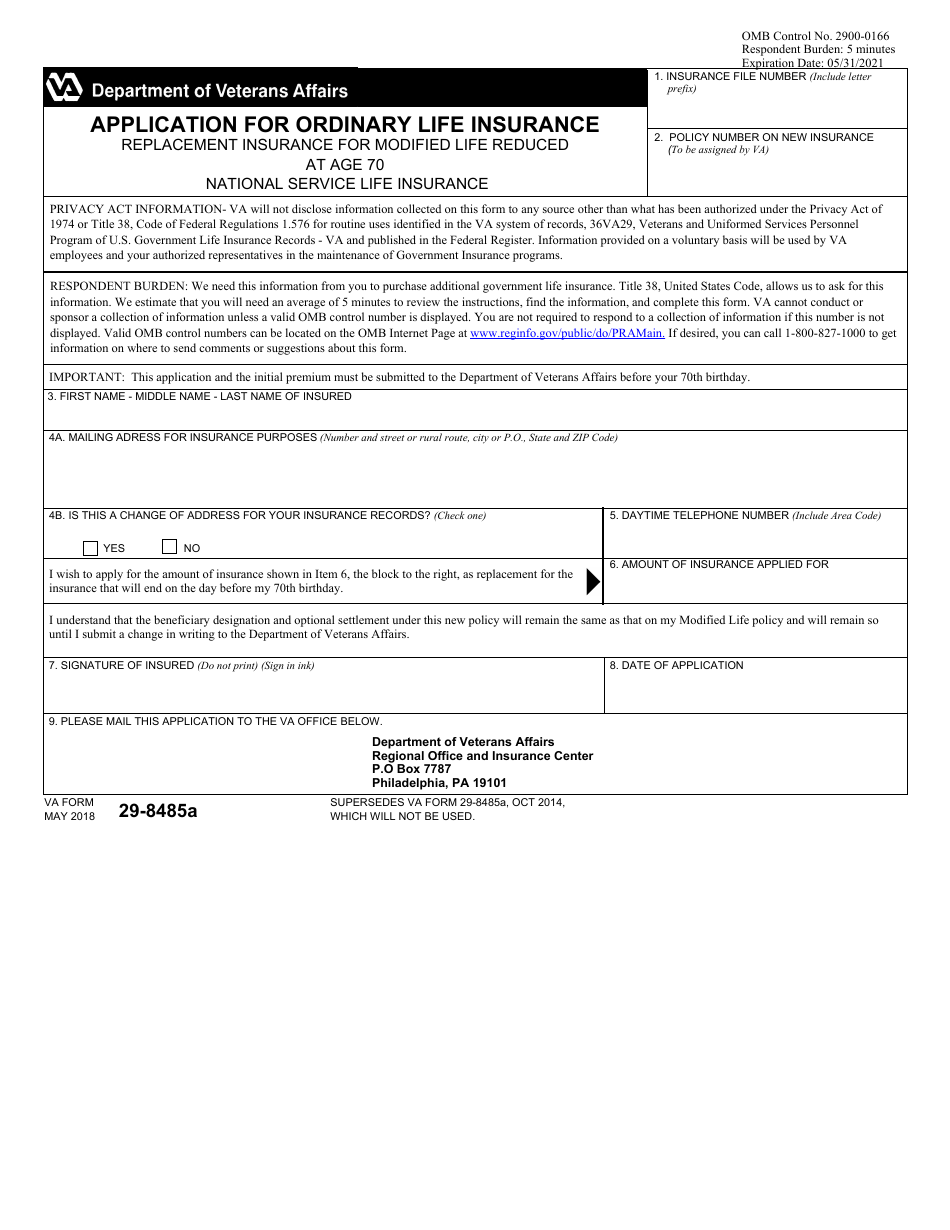 VA Form 29-8485A Application for Ordinary Life Insurance - Replacement Insurance for Modified Life Reduced at Age 70, Page 1