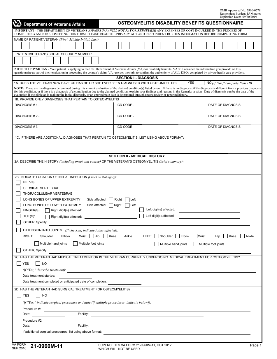 VA Form 21-0960M-11 Osteomyelitis Disability Benefits Questionnaire, Page 1