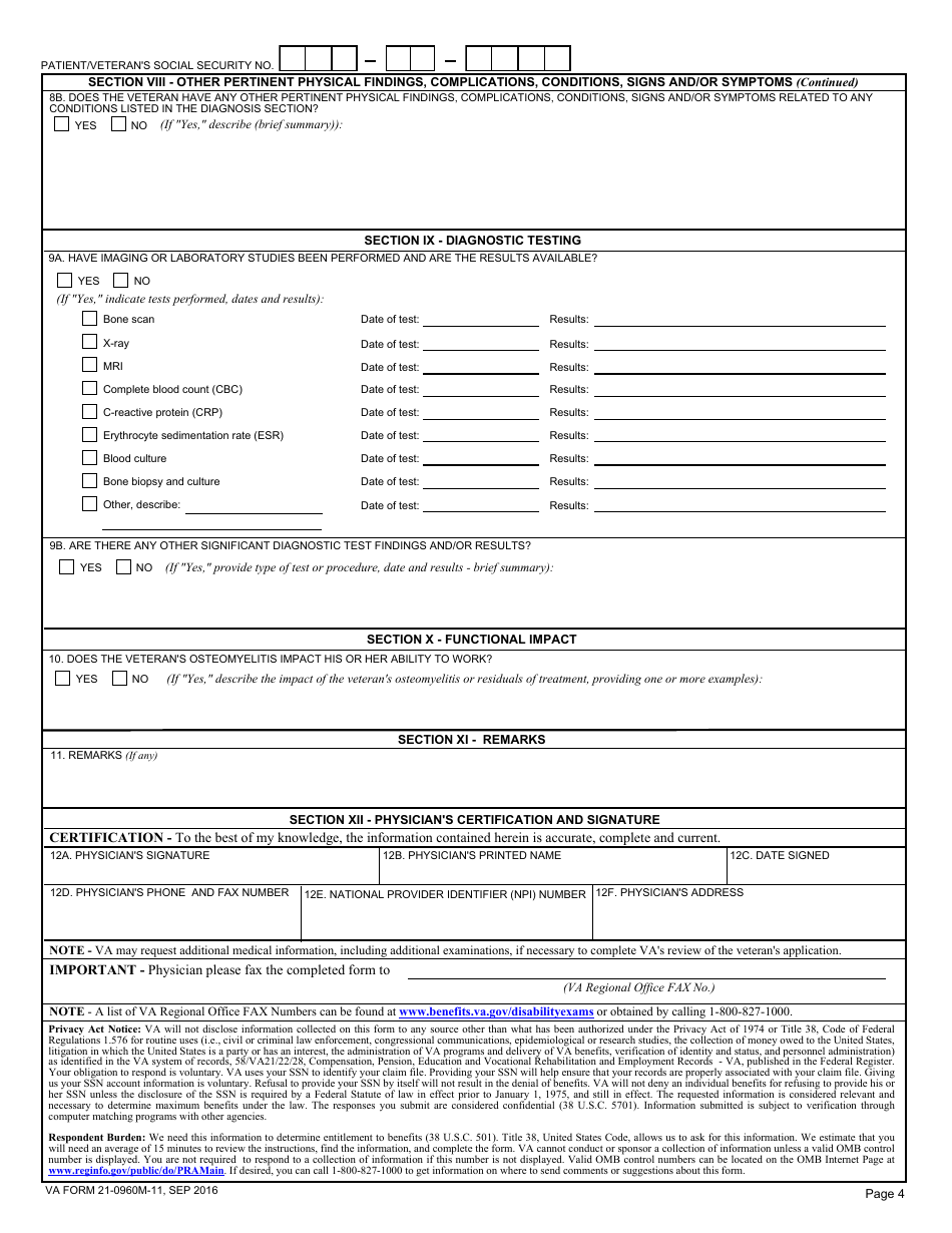 VA Form 21-0960M-11 Osteomyelitis Disability Benefits Questionnaire, Page 4
