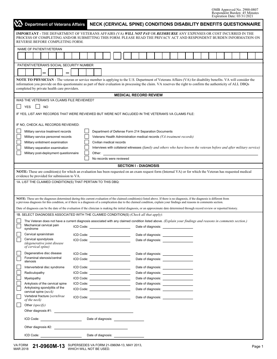 VA Form 21-0960M-13 Neck (Cervical Spine) Conditions Disability Benefits Questionnaire, Page 1