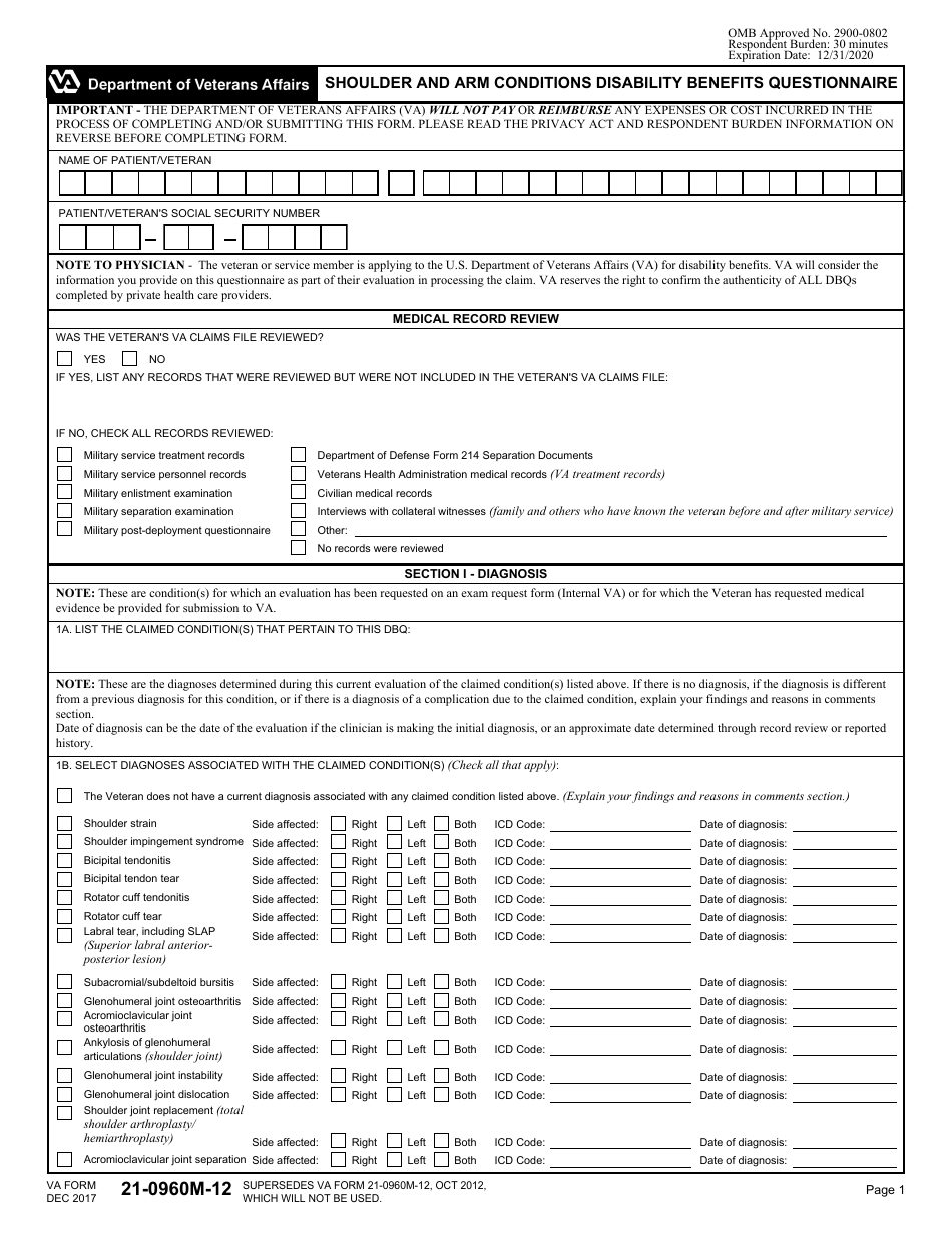 VA Form 21-0960M-12 Shoulder and Arm Conditions Disability Benefits Questionnaire, Page 1