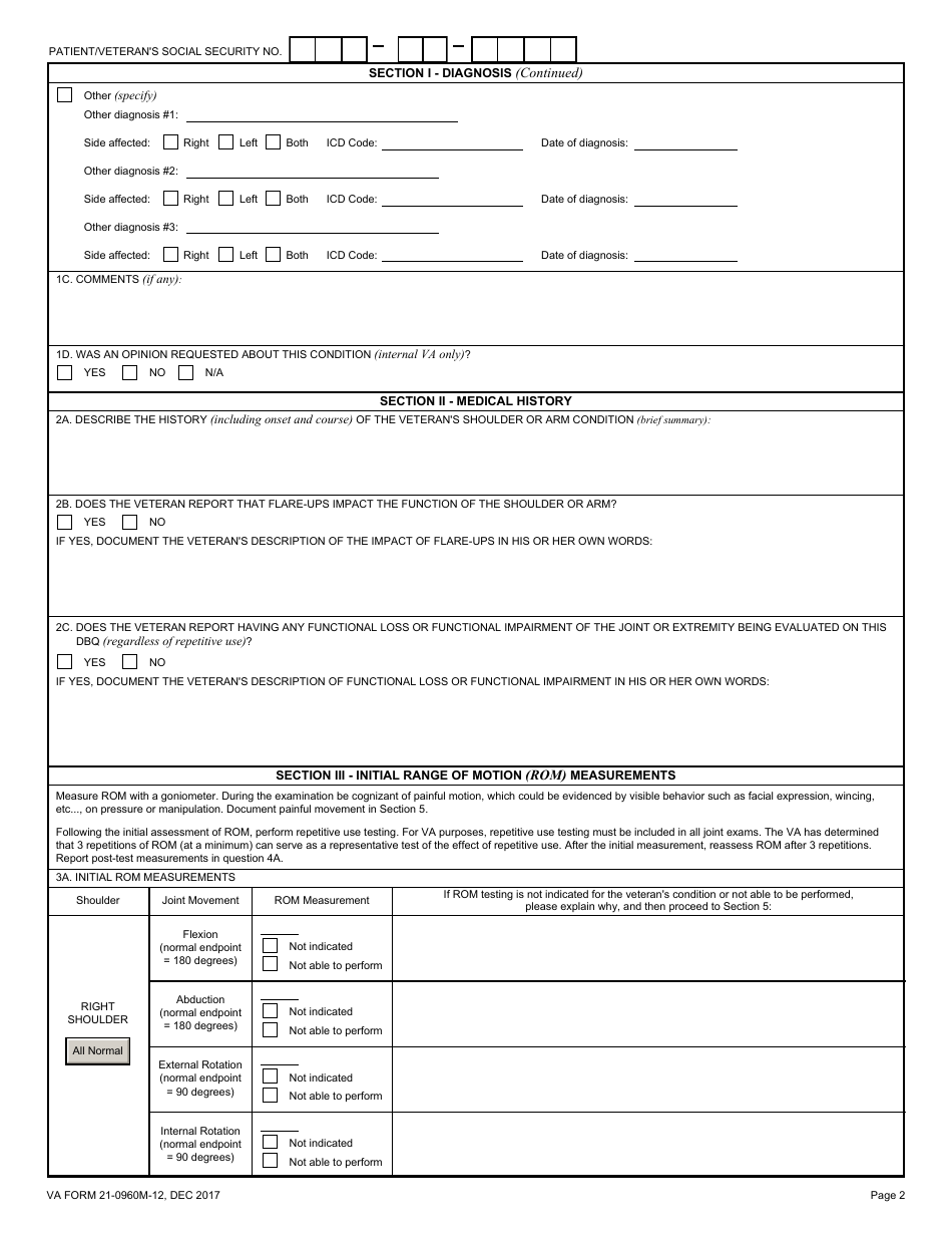 VA Form 21-0960M-12 Shoulder and Arm Conditions Disability Benefits Questionnaire, Page 2