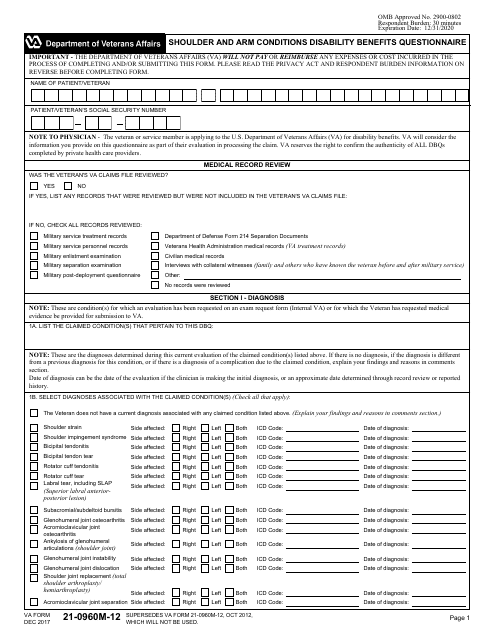 VA Form 21-0960M-12 Shoulder and Arm Conditions Disability Benefits Questionnaire