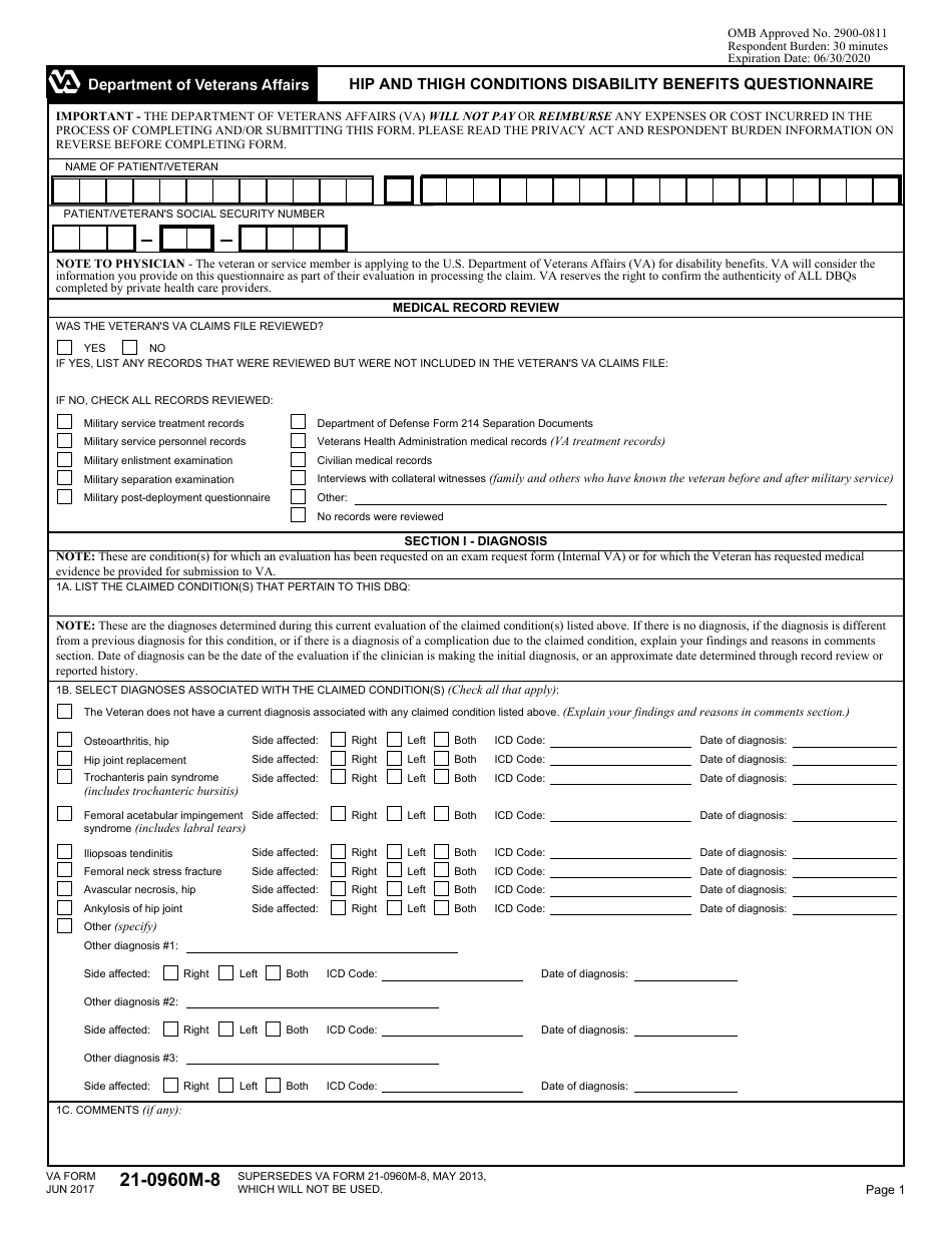 VA Form 21-0960M-8 Hip and Thigh Conditions Disability Benefits Questionnaire, Page 1